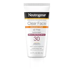 Neutrogena Clear Face Sunscreen for Acne-Prone Skin SPF 30, Broad Spectrum Facial Sunscreen Lotion, Lightweight, Non Comedogenic, Oil-, Fragrance- & Oxybenzone-Free Water Resistant (80 min), 3 fl. oz